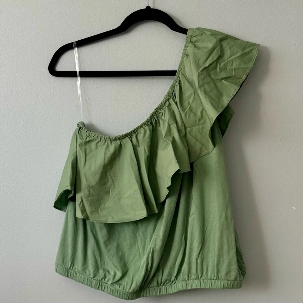 Green One-Shoulder Ruffle Top - Picture 1 of 3